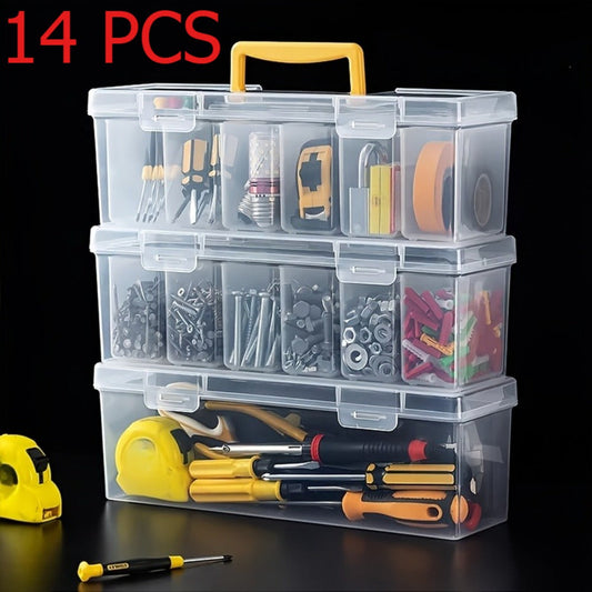 14-Piece Clear Parts Storage Organizer Set with Two Large Handled Boxes and 12 Small Divider Boxes