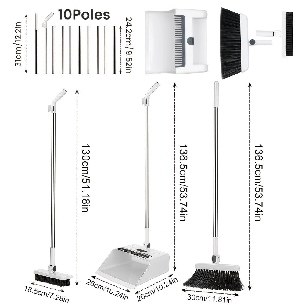 Broom and Dustpan Set with Long Handle - 2-in-1 3-in-1 4-in-1 Foldable Broom Dustpan Combo with Floor Brush for Home Office Dorm Room