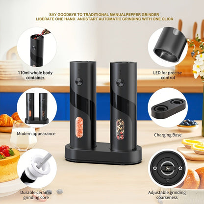 Electric Salt and Pepper Grinder Set, Rechargeable Mills with LED Light, Adjustable Coarseness & 3.72oz for Home Kitchen