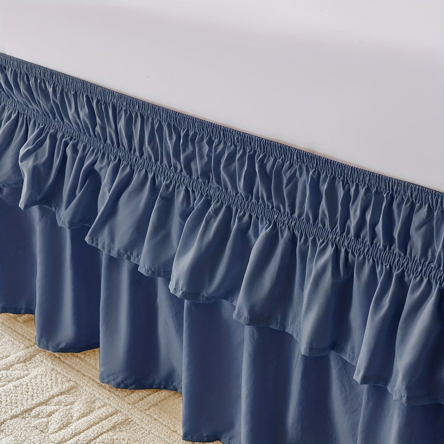 Double Ruffle Bed Skirt 16" Drop, Elastic Wrap Around Dust Ruffle for Twin Full Queen King Bed, Easy Install Linen Poly Blend Bedskirt