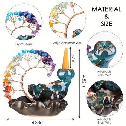 Backflow Incense Burner Crystal Money Tree Waterfall Smoke Incense Holder Ceramic Cone Stick for Entryways, Bedrooms and Living Spaces