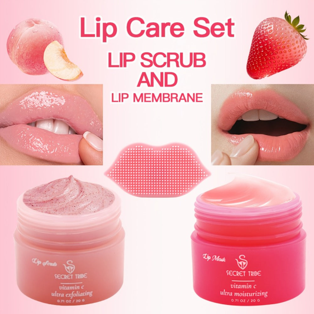 Lip Care Set 3pcs – Lip Mask, Lip Scrub Balm & Lip Brush Kit with Natural Ingredients for Deep Hydration, Exfoliation & Lip Color
