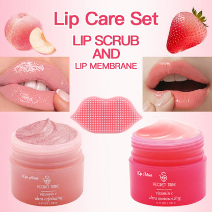 Lip Care Set 3pcs – Lip Mask, Lip Scrub Balm & Lip Brush Kit with Natural Ingredients for Deep Hydration, Exfoliation & Lip Color