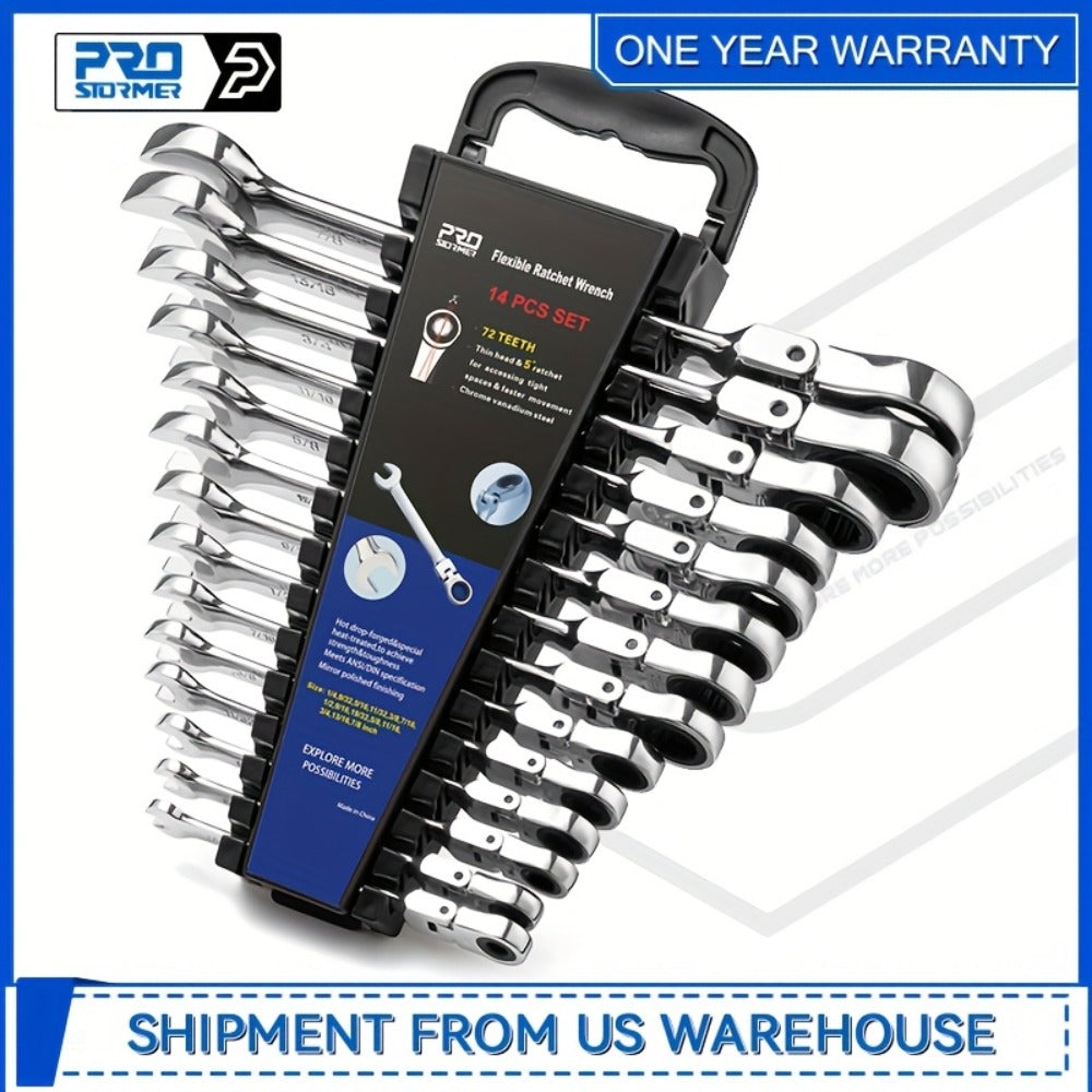 Flex Head Ratcheting Wrench Set SAE 14-Piece – 1/4" to 7/8" Chrome Vanadium Steel 72-Tooth 180° Flex Head with Organizer Rack for Auto