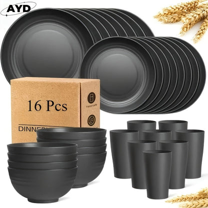 Wheat Straw Dinnerware Set Unbreakable 16 or 32-Piece Service for 4 or 8, Lightweight Dishwasher Microwave Safe Dish Set with Plates Bowls