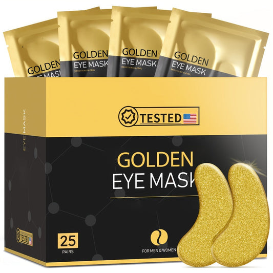 Golden Under-Eye Mask Set with 25 Pairs of Individually Packed Gold Gel Patches in a Black-and-Gold Box