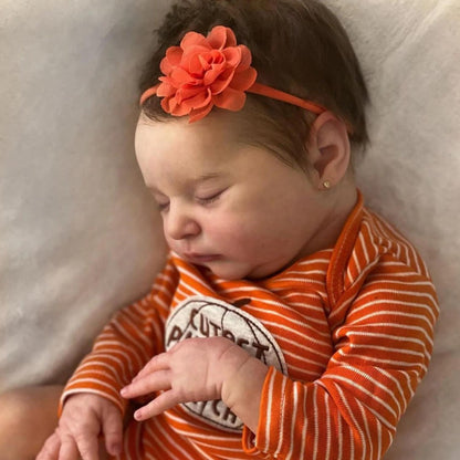 Reborn Baby Doll 20-Inch Sleeping Cloth Body with Rooted Hair, Orange Outfit, Pacifier, Bottle and Accessory Card