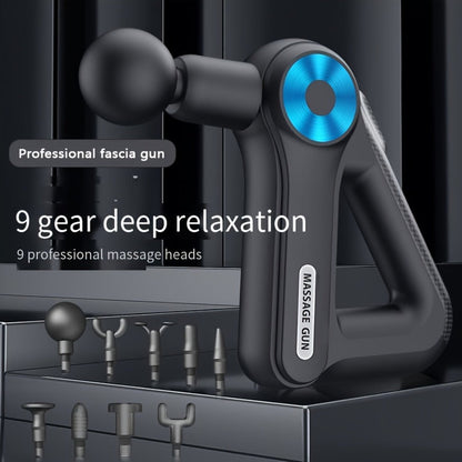 Triangular-Handle Massage Gun with Nine Pictured Attachment Heads, Blue Control Dial and Black Finish