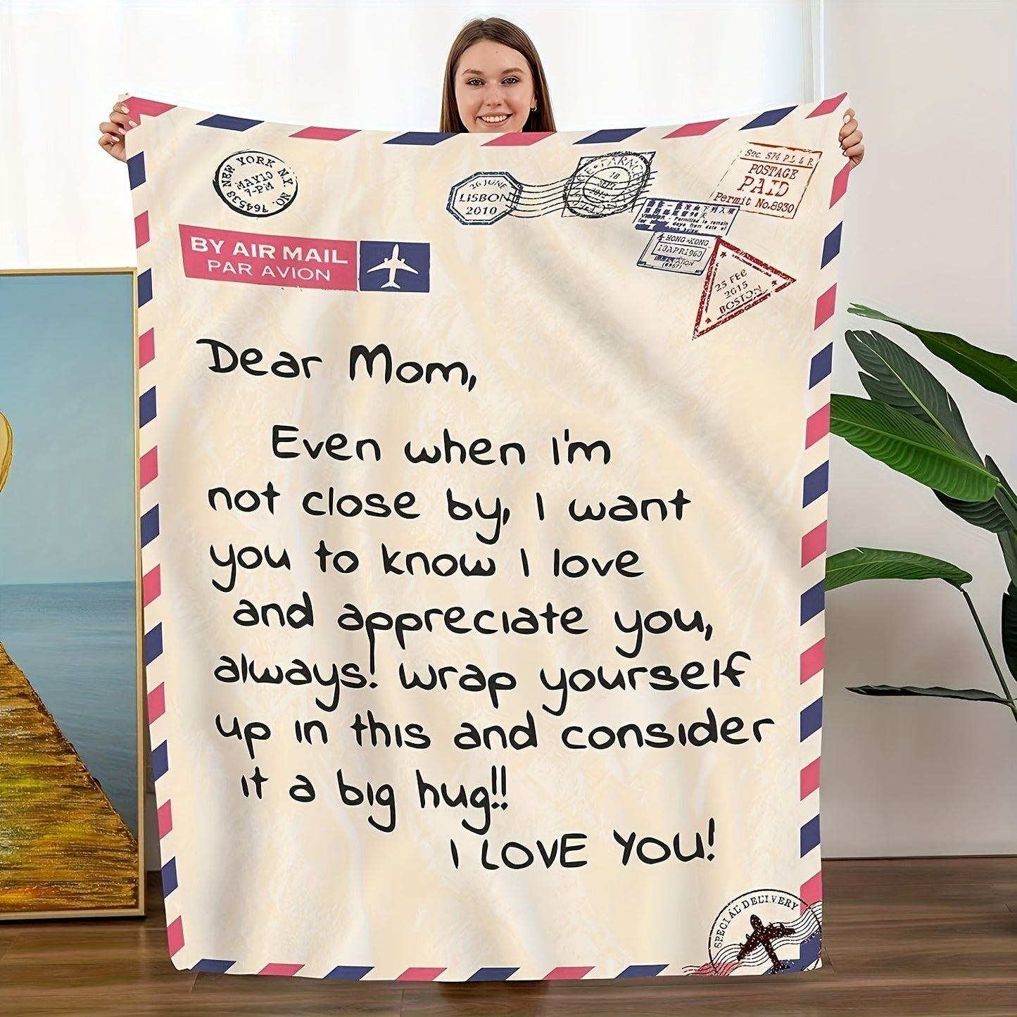 Dear Mom Letter Print Flannel Blanket with 50 x 60 or 60 x 80-Inch Size Options for Sofa and Bed Layering