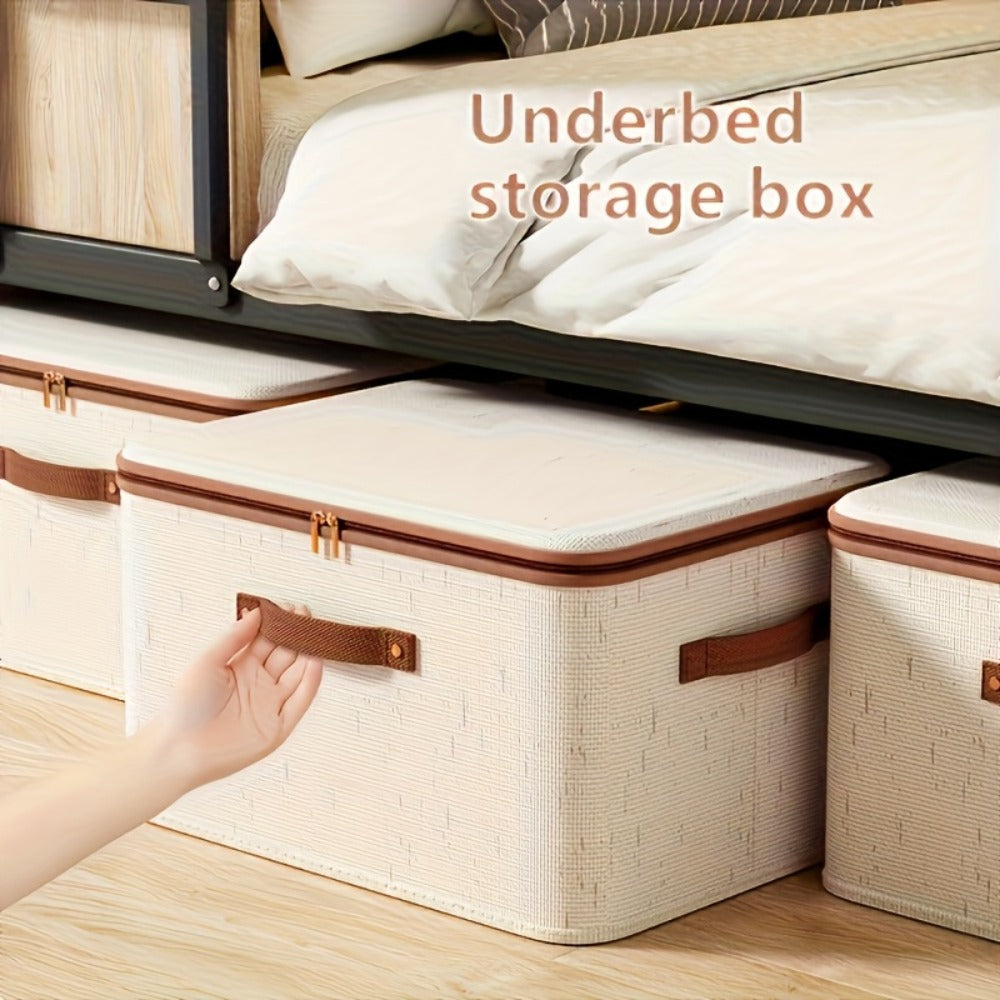 Foldable Storage Boxes with Lids 2-Pack, Large Linen Storage Baskets with Double Zippers & Leather Handles