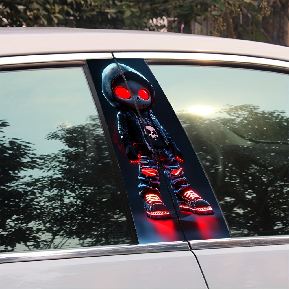 Pair of Red-Eyed Skull Character Car Decals, 19.7 x 9.8 Inch Each, for Smooth Exterior or Window Surfaces