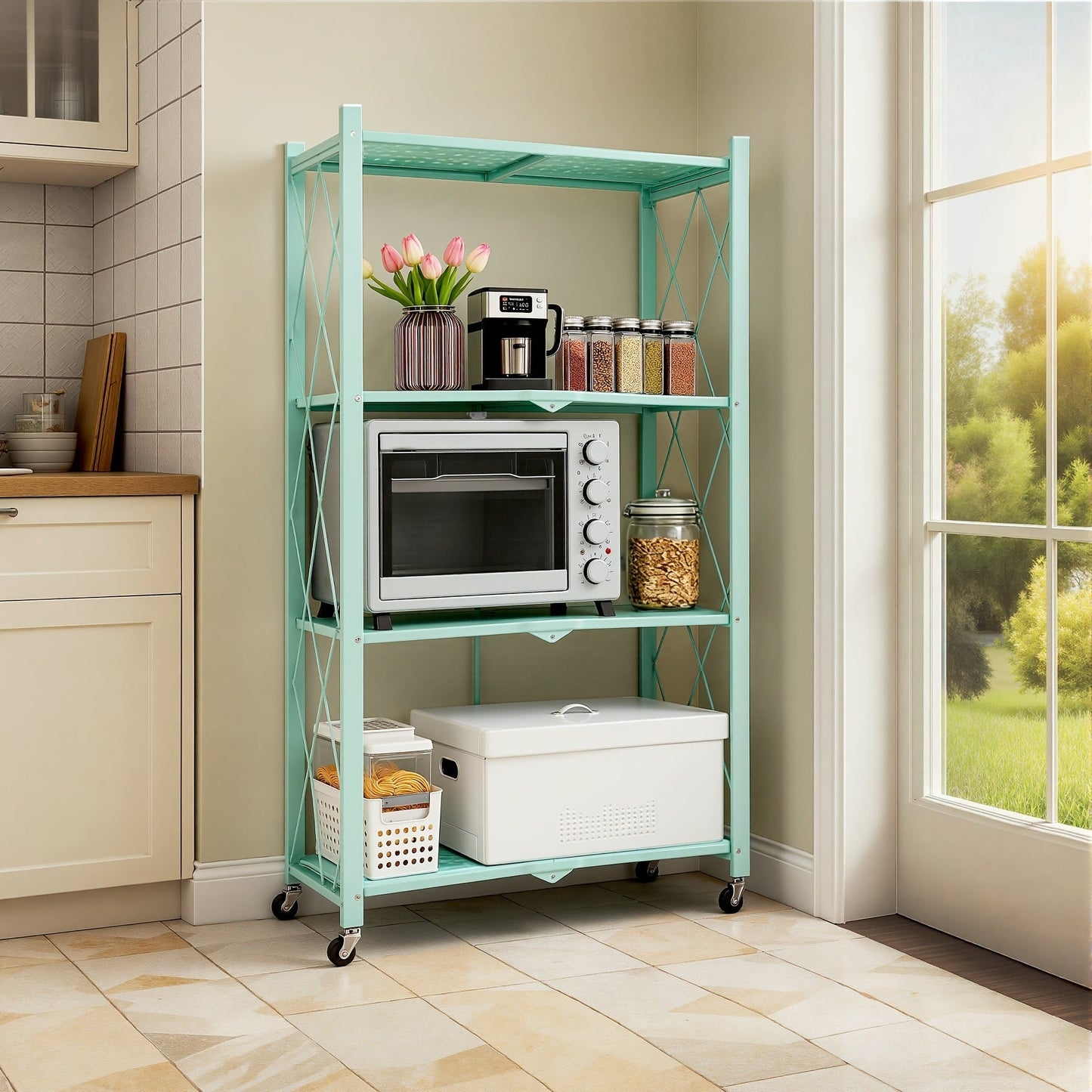 Three-to-Five-Tier Foldable Storage Rack with Carbon Steel Frame, Lockable Wheels and Three Colors