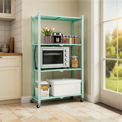 Three-to-Five-Tier Foldable Storage Rack with Carbon Steel Frame, Lockable Wheels and Three Colors