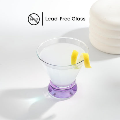 Stemless Martini Glasses Set of 6, 8oz Colored Cocktail Glasses, Margarita Bar Dessert Glassware with Gradient Color Base