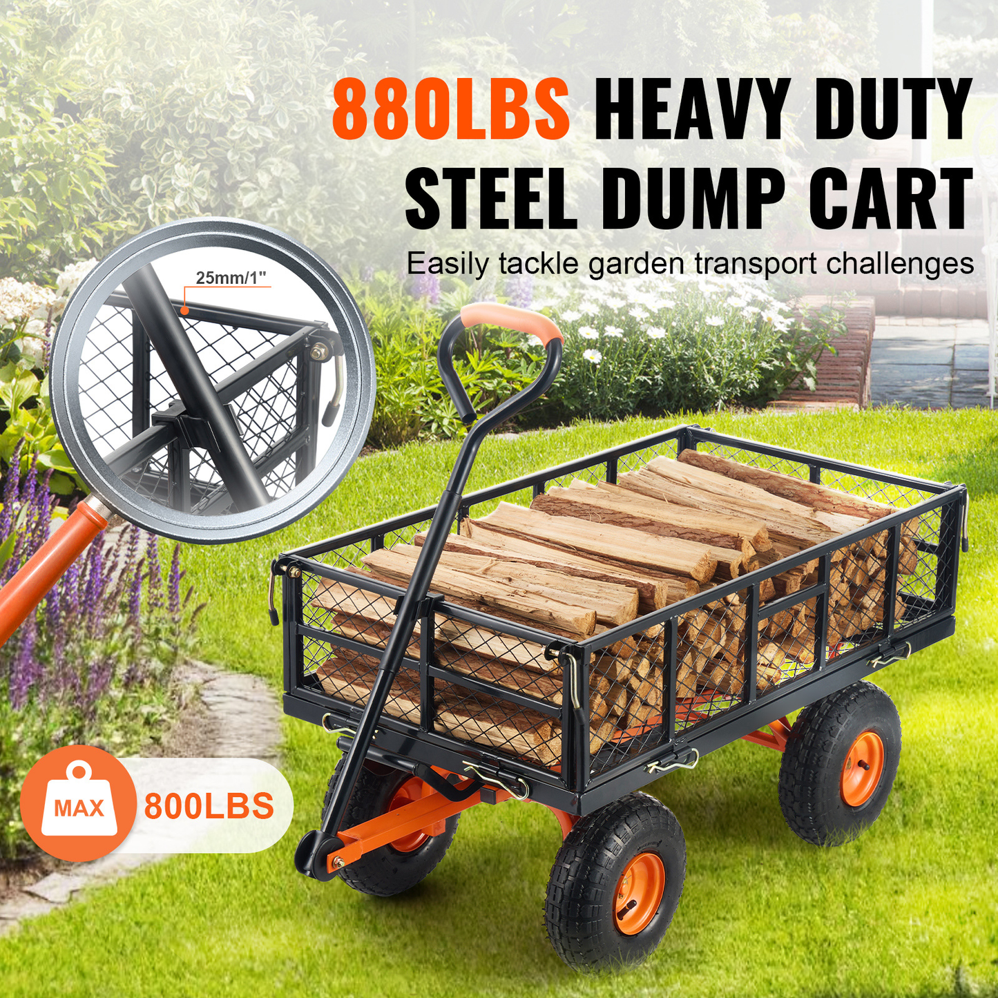 Garden Dump Cart Convertible Flatbed Utility Wheelbarrow with 2-in-1 Handle, Removable Side Panels