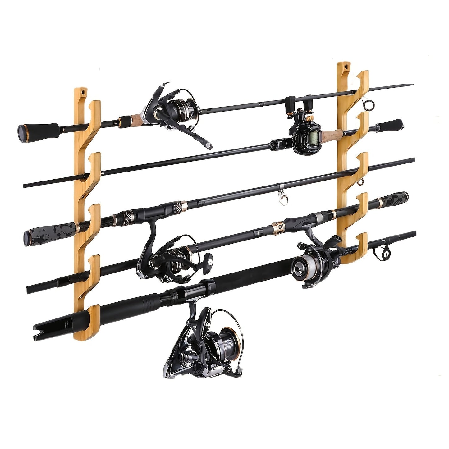 Wall-Mounted Wooden Fishing Rod Rack – 5-Hole Horizontal Rod Holder for Garage, Ceiling & Wall | Solid Wood Fishing Pole Storage Bracket