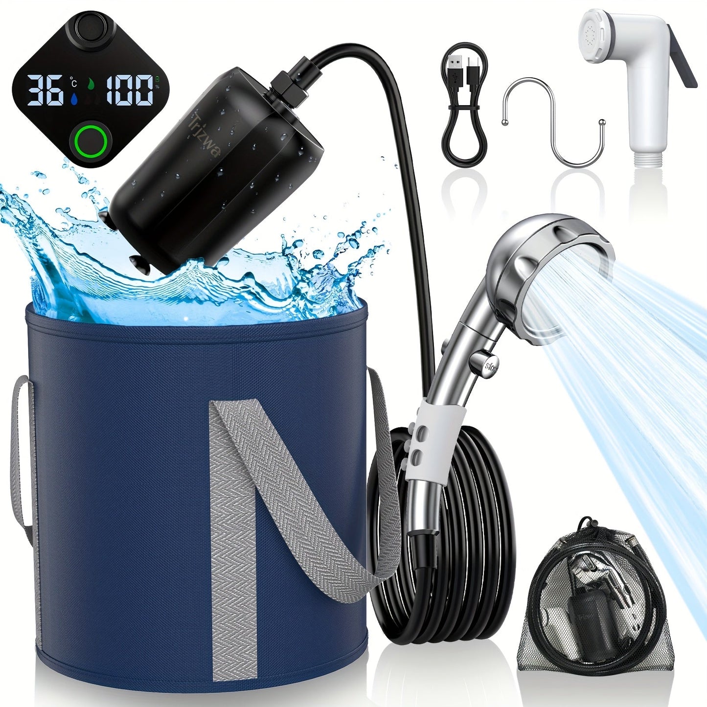 Portable Camping Shower with 9000mAh Battery – Smart Digital Display, Foldable Bucket Included, Compact Lightweight Outdoor Shower Pump