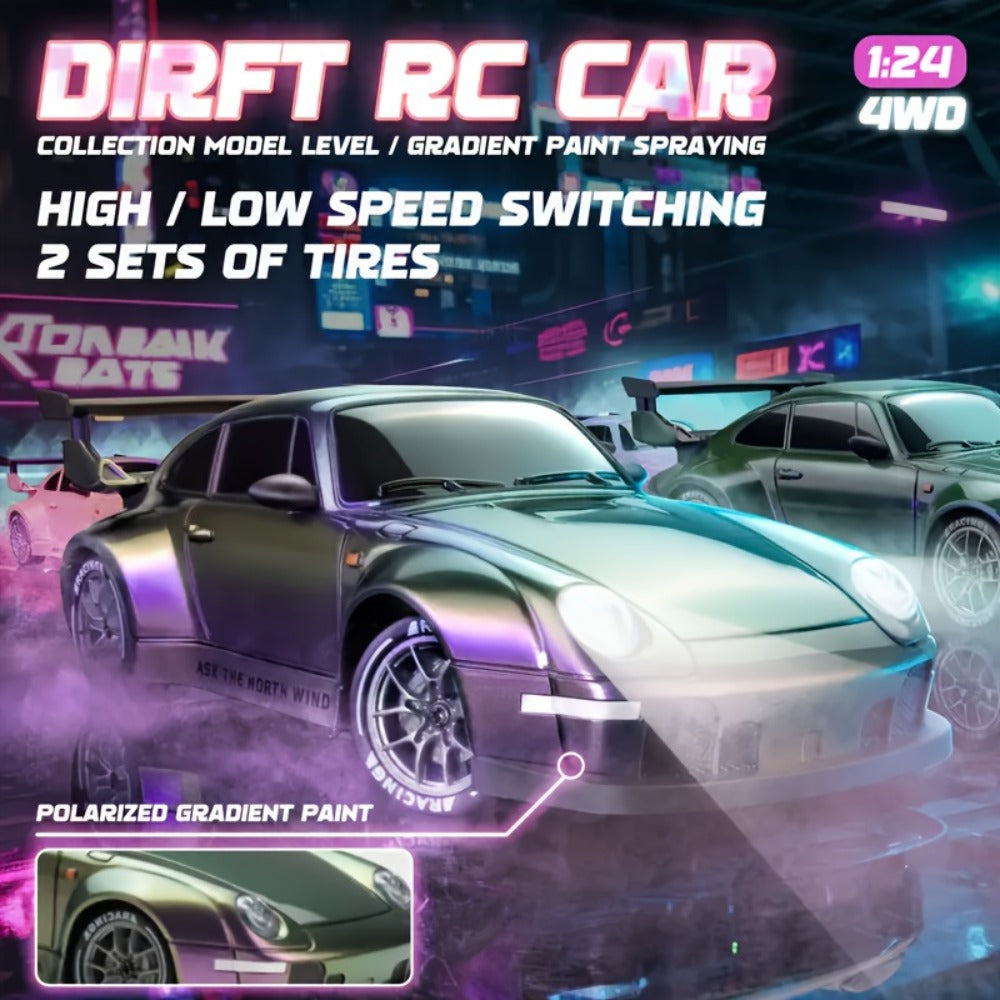 Alloy RC Drift Car 1:24 Scale 4WD 28KM/H with Drift Tires LED Lights Barricades & 2 Batteries