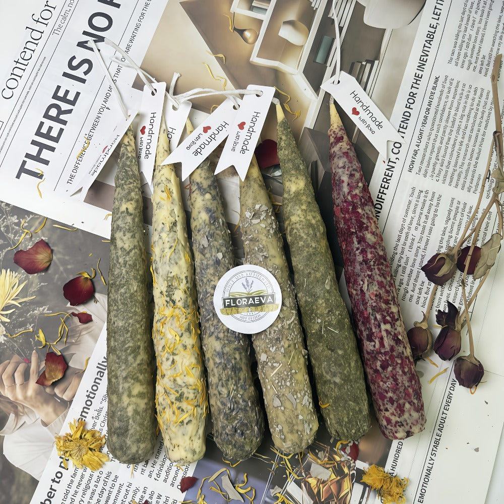 Handmade Herbal Scented Candles Set of 6, Dried Flower Pillar Candles, Sage Lavender Cedar Mint Rose Scents