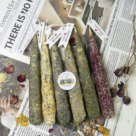 Handmade Herbal Scented Candles Set of 6, Dried Flower Pillar Candles, Sage Lavender Cedar Mint Rose Scents