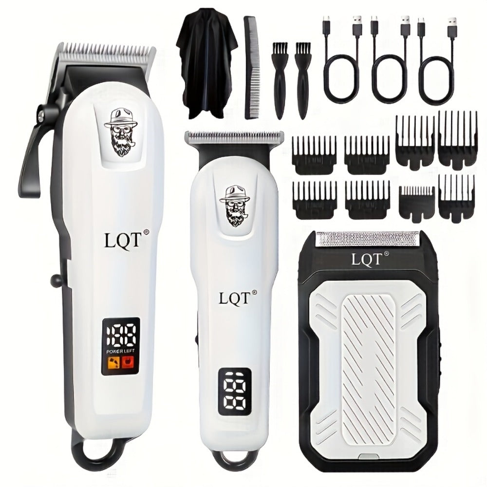 LQT White Hair Clipper Set with Digital Displays, USB Charging and Choice of 2-, 3- or 4-Piece Kits