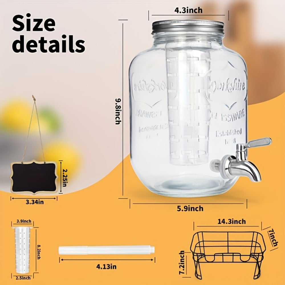 Glass Beverage Dispenser Set with Stand, 1-Gallon Square Glass Drink Dispenser with Stainless Steel Spigot & Ice Tube