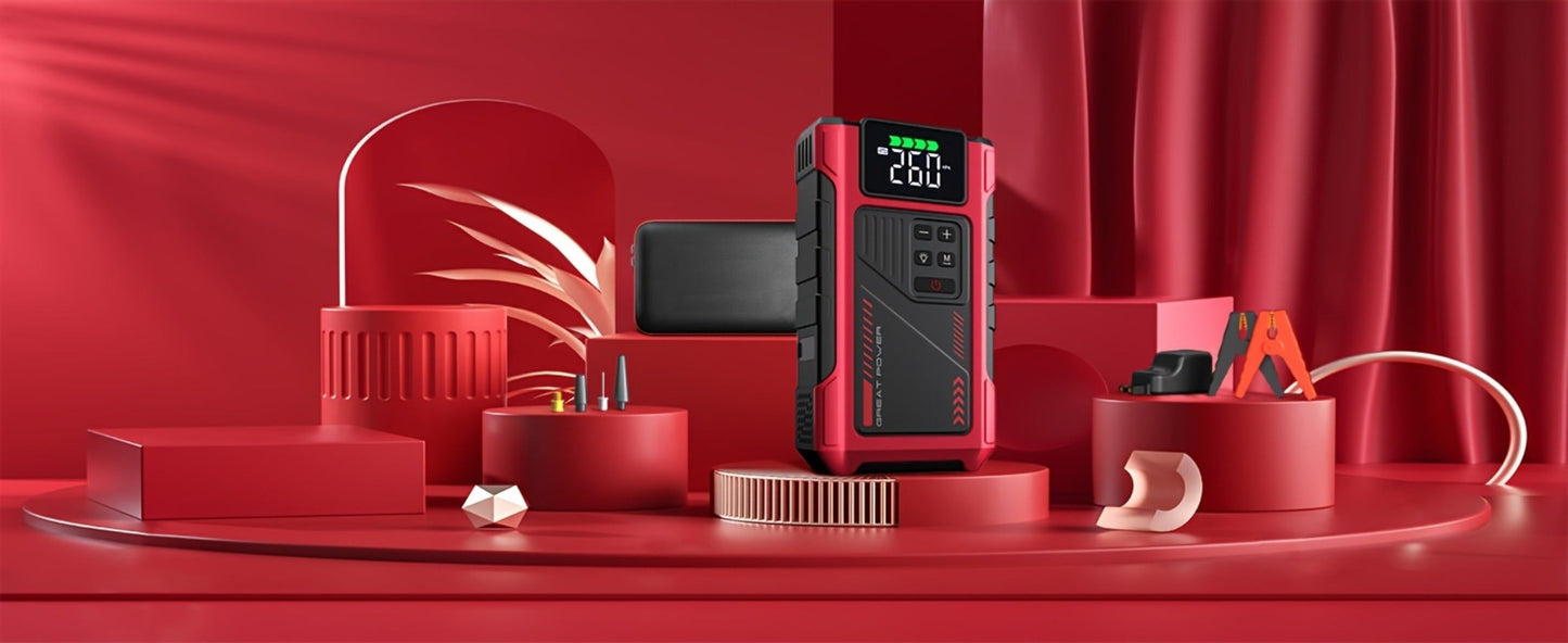 12V Jump Starter with 4000A Marking, 150 PSI-Labeled Air Compressor, Digital Pressure Display and Two Black Color Options