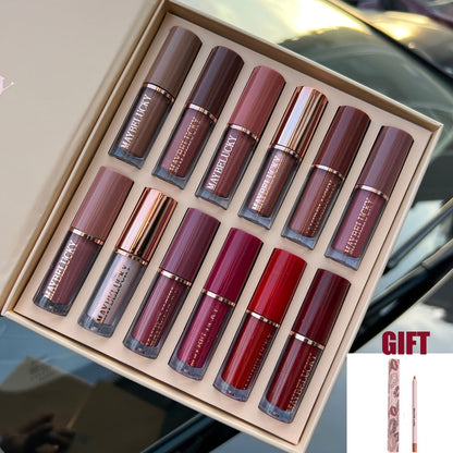 Liquid Lipstick Set 12 Pcs Velvet Matte, Non-Transfer Shimmer & Nude Shades in Elegant Book-Style Gift Box