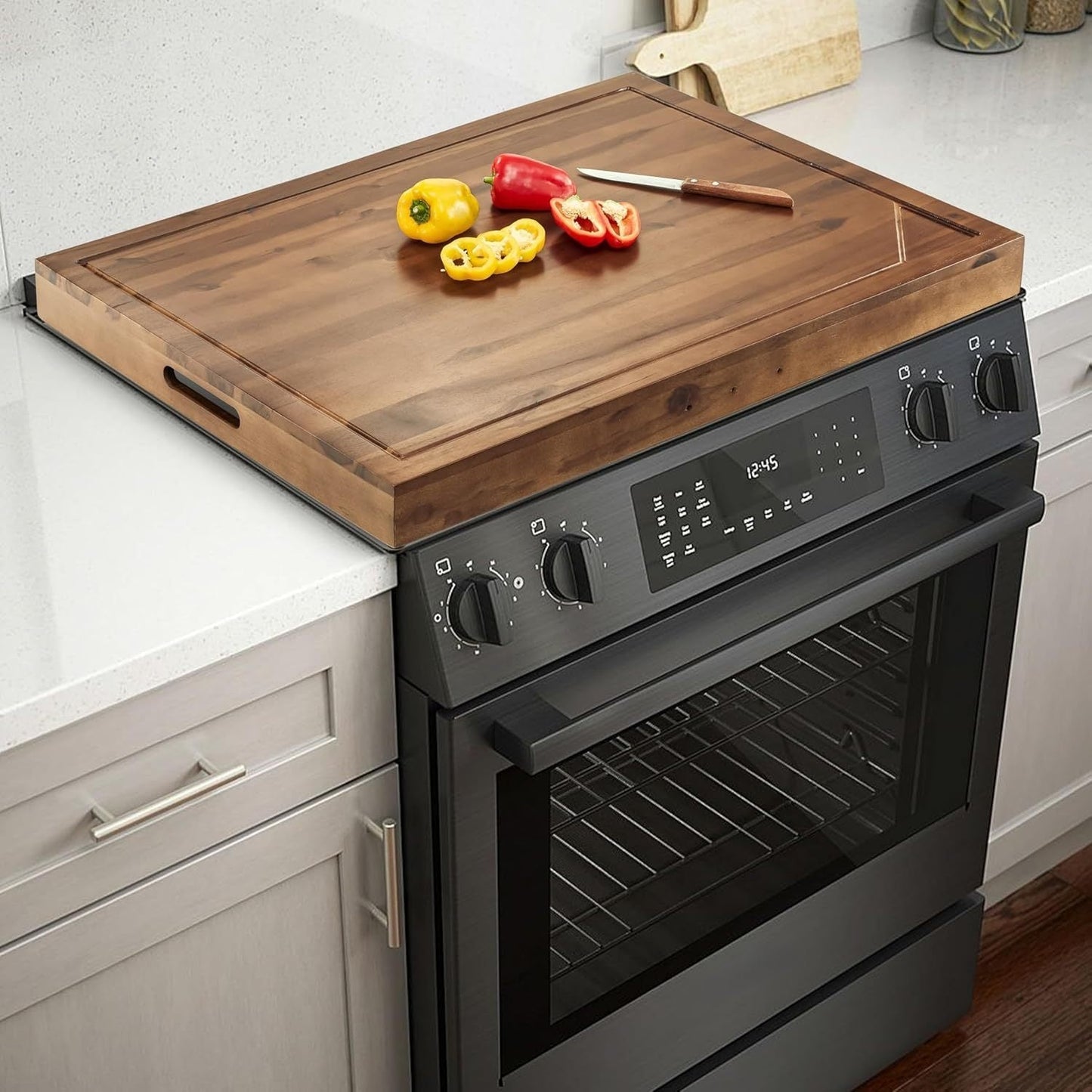 Acacia Wood Stove Top Cover Board 30x22 Inch, Gas Stove Cover with Handle Groove & Ventilation Holes