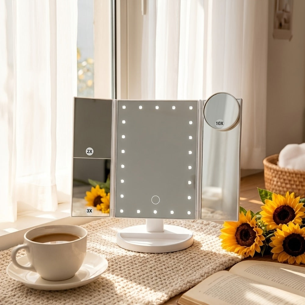 LED Tri-Fold Makeup Mirror with Touch Screen, 1X/2X/3X/10X Magnifying Vanity Mirror, Flexible Adjustable Base