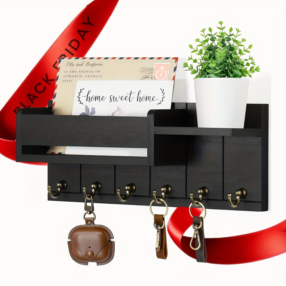 Wall Mounted Storage Rack with Mail Slot – Rustic Wood Floating Shelf with Hooks for Keys, Hats & Envelopes