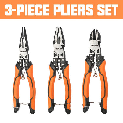 Pliers Set 9-in-1 Multi-Function Industrial Grade, 8.5" Lineman Pliers, 8.5" Long Nose Pliers, 8" Diagonal Side Cutters