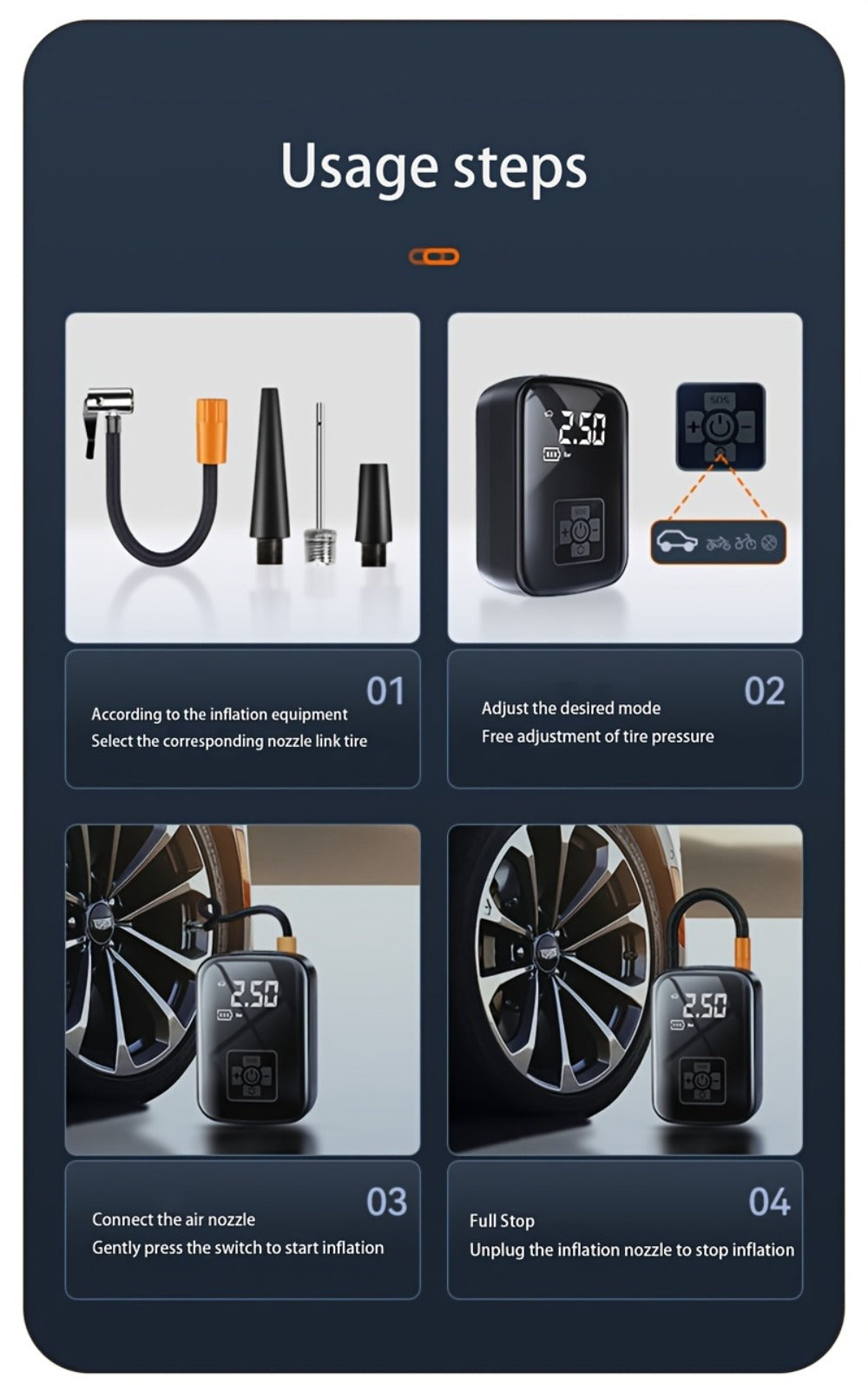 Portable Tire Inflator Air Compressor 150PSI 100W Cordless 4000mAh Digital Display 5 Modes USB-C Fast Charge for Car Motorcycle Bicycle Ball