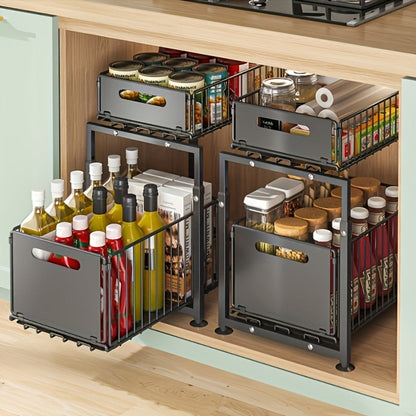 Under Sink Organizer 2-Tier Pull Out – Adjustable Height Carbon Steel Cabinet Storage Shelf for Kitchen and Bathroom