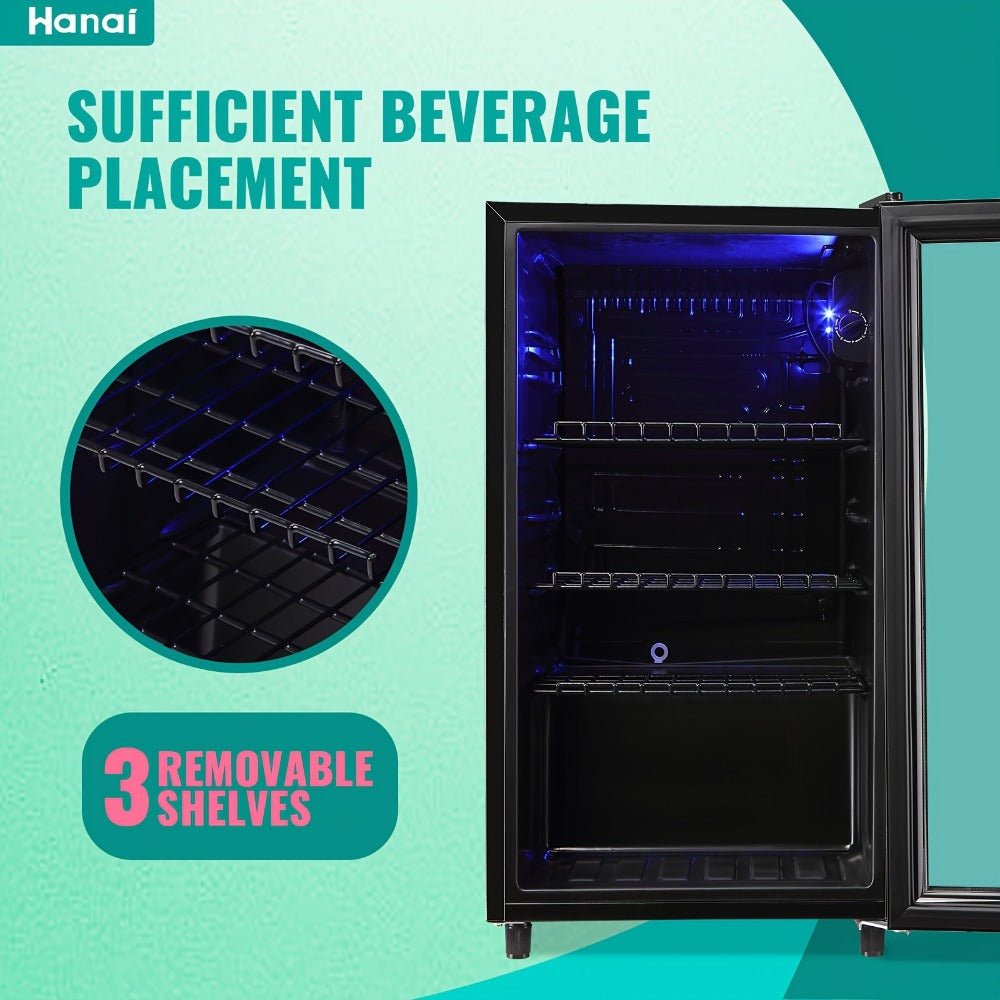 Beverage Refrigerator with Glass Door, Mini Drink Cooler Fridge with Blue LED Light, 3 Adjustable Shelves & R600a Compressor