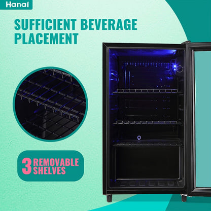 Beverage Refrigerator with Glass Door, Mini Drink Cooler Fridge with Blue LED Light, 3 Adjustable Shelves & R600a Compressor