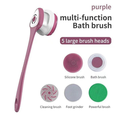Electric Body Scrubber Brush 5-in-1 Rotating Shower Exfoliator with Long Handle - Bristle Bath Brush for Back Face & Full Body