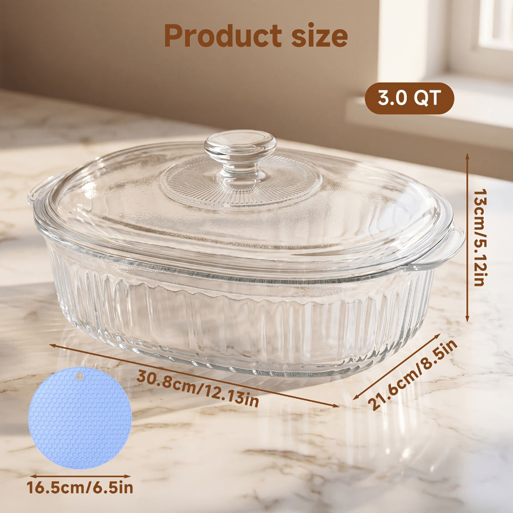 Borosilicate Glass Baking Dish with Lid 96oz, Oval Casserole Pan Microwave Oven Fridge Safe, Multi-Use for Baking