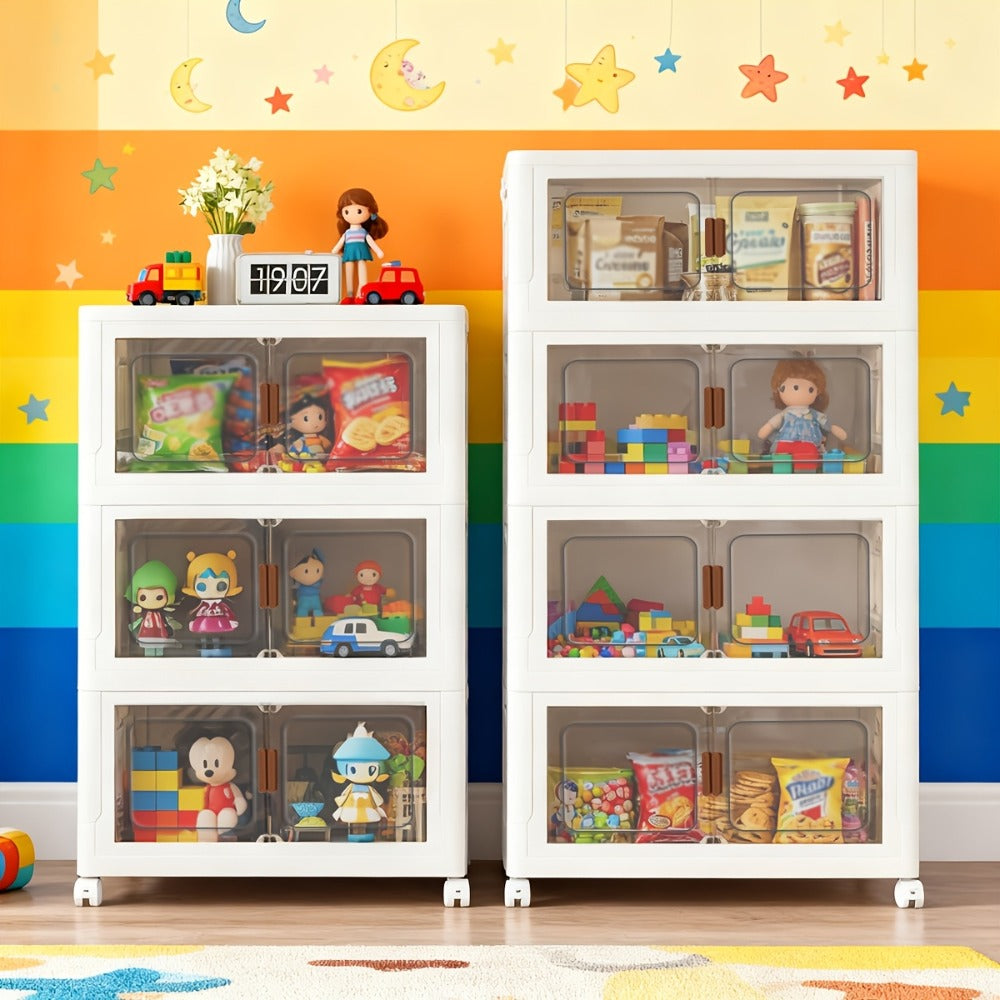 Stackable Foldable Storage Cabinet with Door, PP Plastic 1/2/3/4/5 Layer Organizer Box with Wheels & Cover