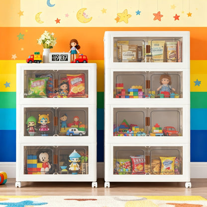 Stackable Foldable Storage Cabinet with Door, PP Plastic 1/2/3/4/5 Layer Organizer Box with Wheels & Cover