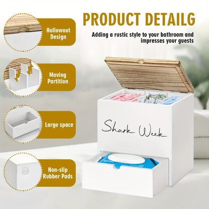 Tampon & Pad Organizer Box with Lid – Wooden Bathroom Storage Bin with Drawer, 3-Compartment Feminine Products Caddy
