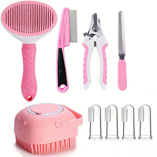 Pet Grooming Tool Set with Brushes, Combs, Nail Tools and Pink or Blue 9-Piece or 11-Piece Options