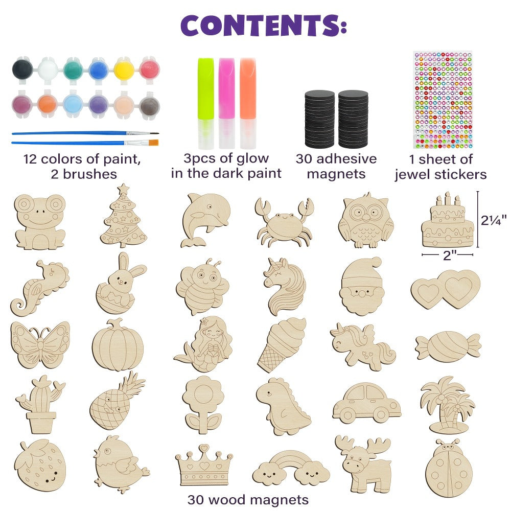 Glow in the Dark Craft Kit for Kids, 30pcs DIY Wooden Fridge Magnets Painting Set with Gem Stickers