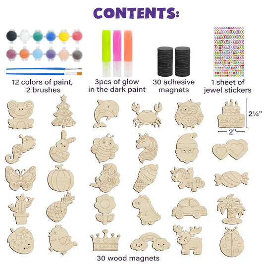 Glow in the Dark Craft Kit for Kids, 30pcs DIY Wooden Fridge Magnets Painting Set with Gem Stickers