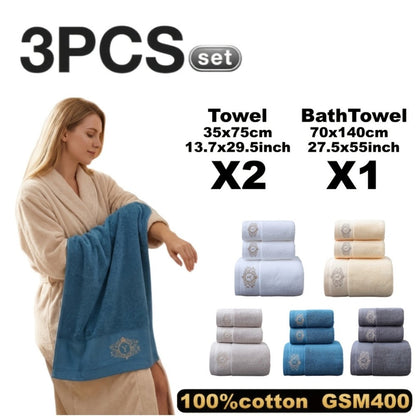 Embroidered Cotton Towel Set 3-Piece – 400g/㎡ Soft Absorbent Lint-Free Bath Towel Hand Towel Set for Home Spa Salon