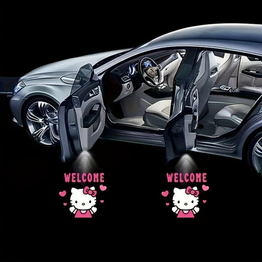 Car Door LED Projector Lights – Hello Kitty Cartoon Shadow Light, Wireless Puddle Light, Ground Projection Lamp for Car Accessories (Set