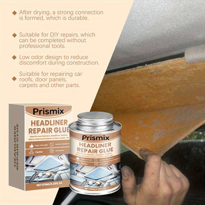 Car Headliner Repair Adhesive by Prismix, 125ml Can with Brush for Fabric and Interior Panel Application