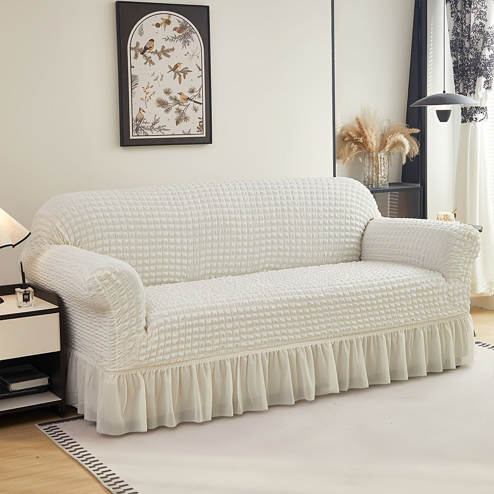 Seersucker Sofa Slipcover Elastic Band Closure Pet-Friendly All-Purpose Sofa Cover for Living Room Home Decor Protection