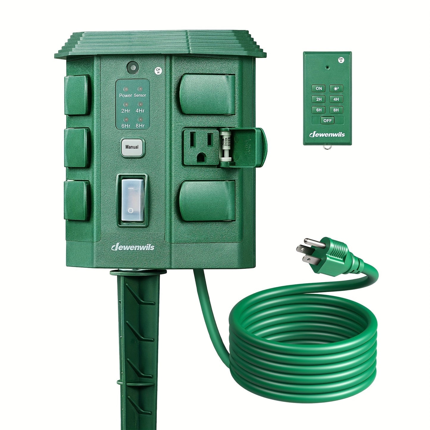 Outdoor Power Stake Timer 6 Outlet, 100FT Wireless Remote Control, Dusk to Dawn Photocell Sensor