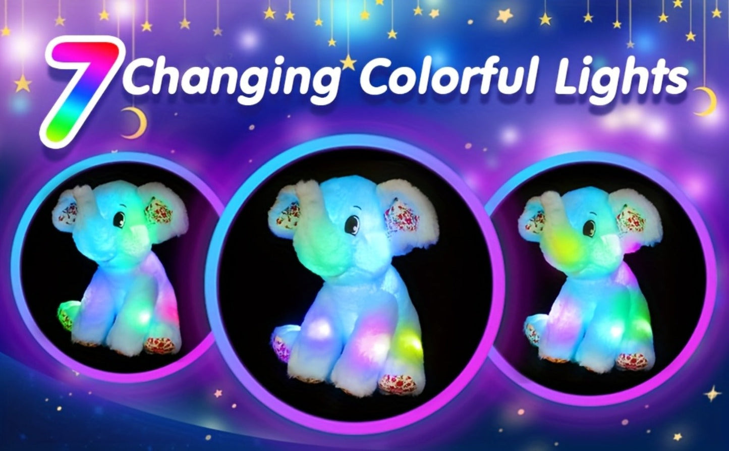 Plush Toy Blue Elephant with LED Glow and Optional Lullaby Music for Soft Room Display and Gifting